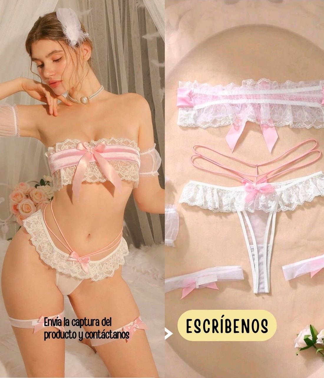 Set de lencería blanco con moños rosa