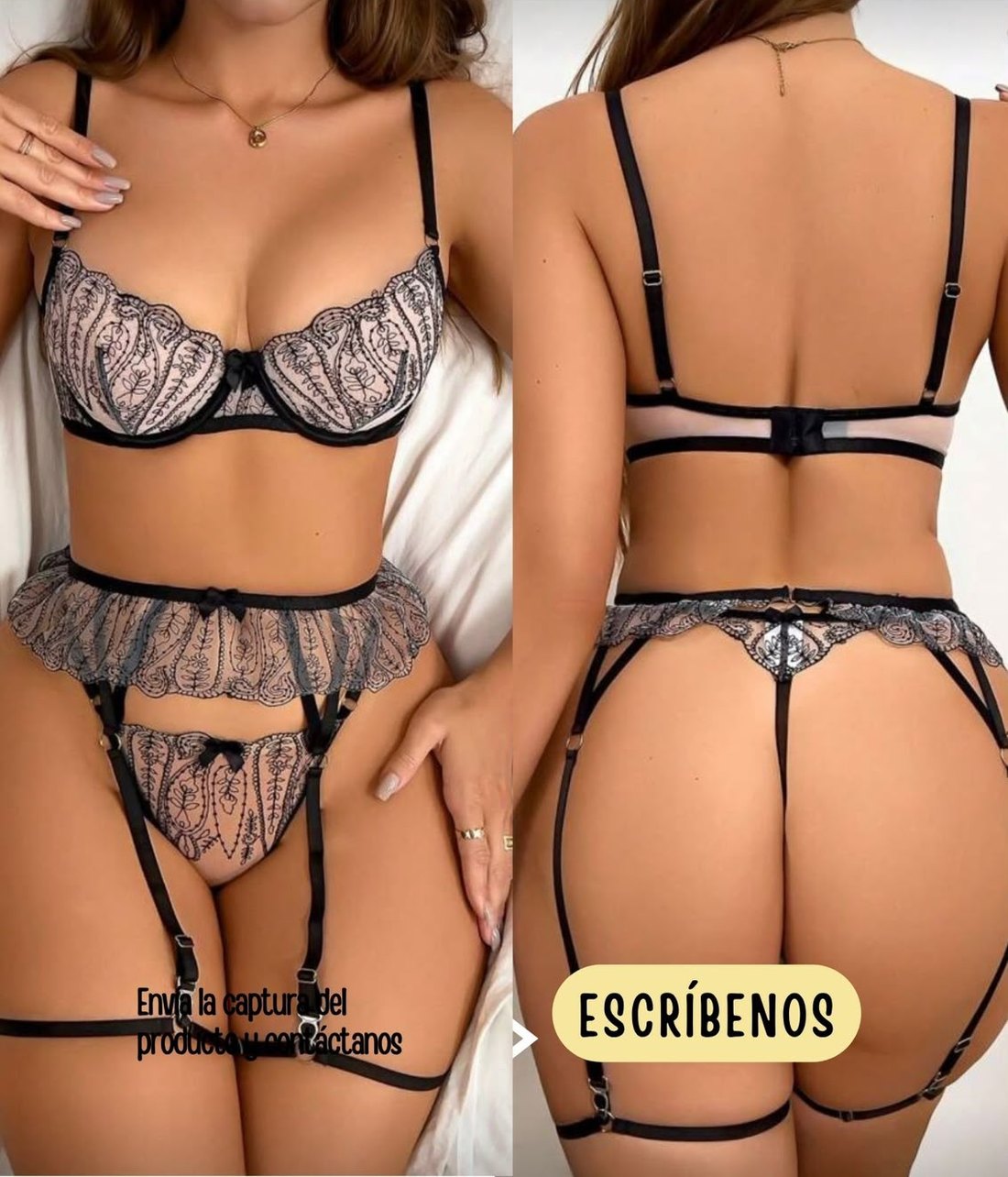 Liguero negro y rosa de encaje