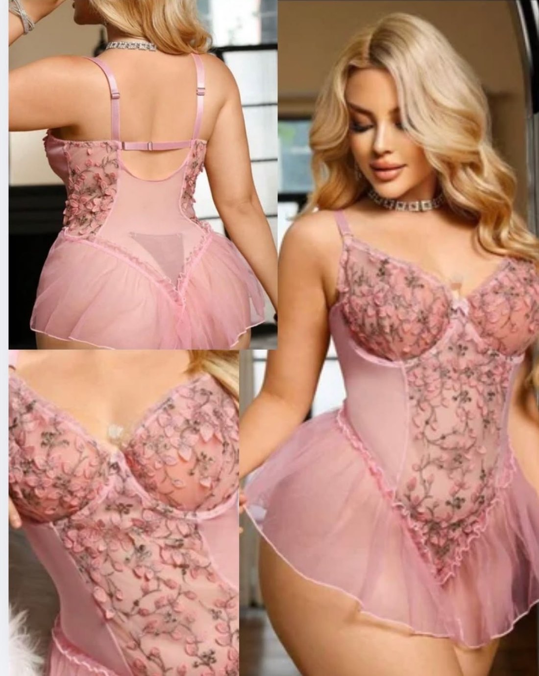 Body de encaje rosa con falda