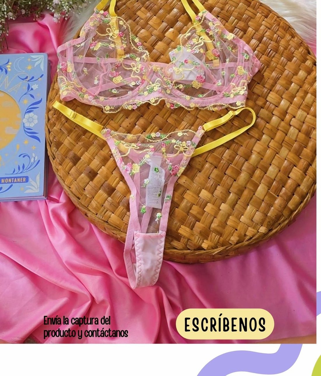 Set de encaje bordado rosa