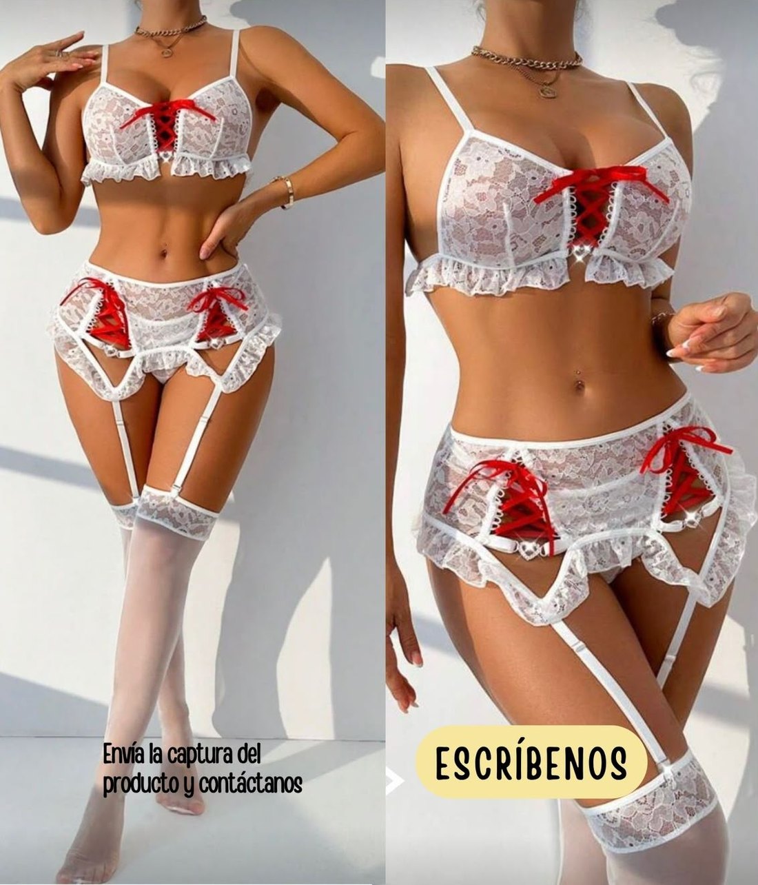 Set blanco con moños rojos y medias