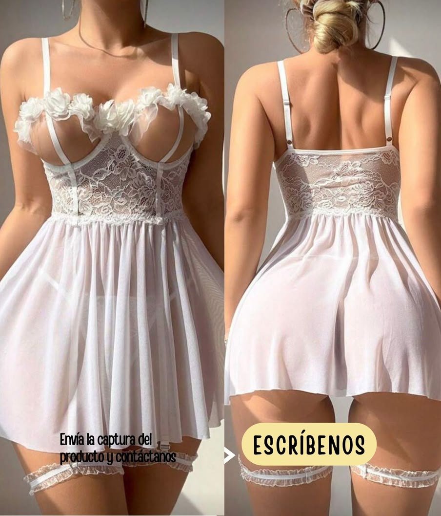 Baby doll blanco con panty hilo y ligas