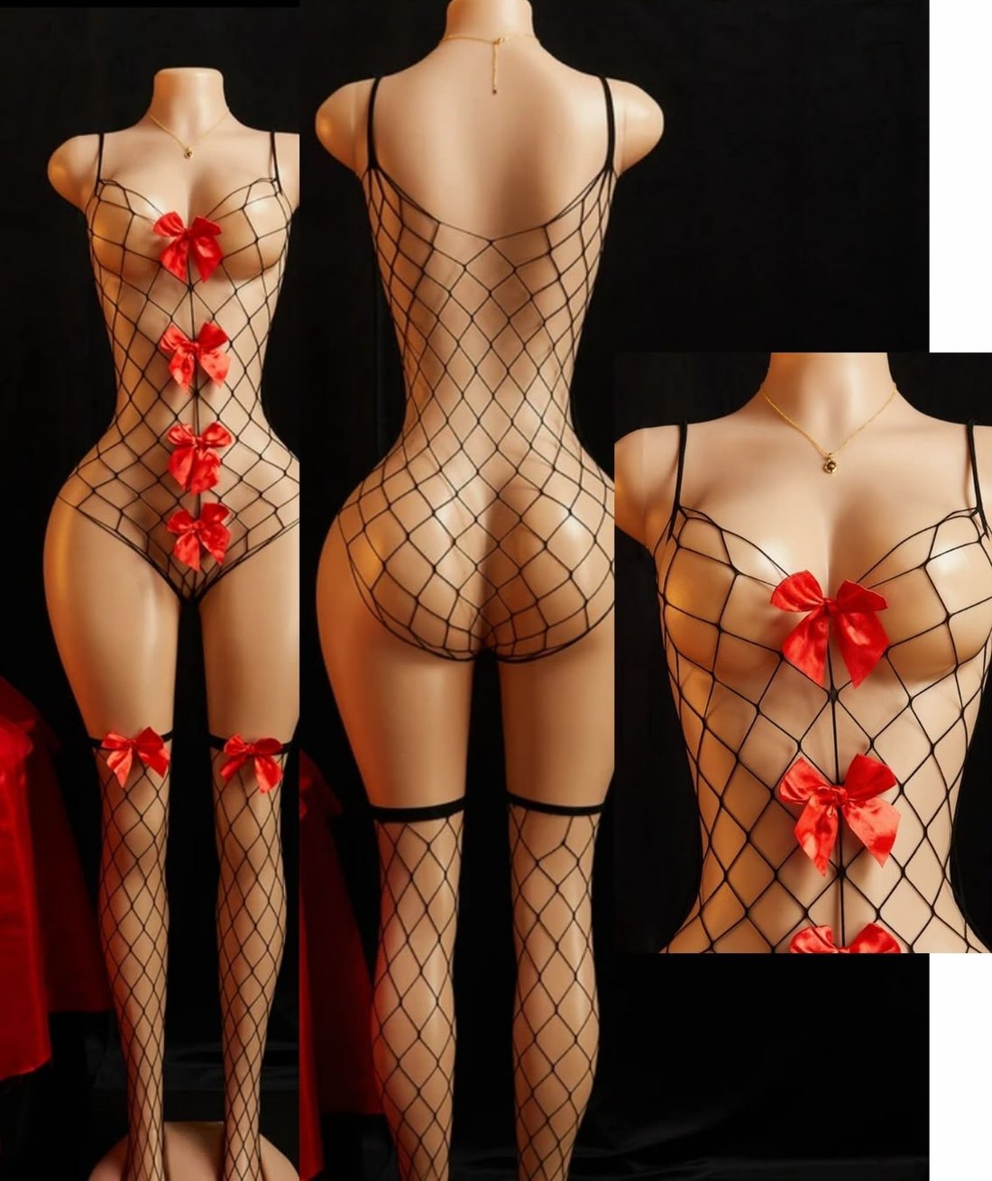 Media de cuerpo de red con moños rojos
