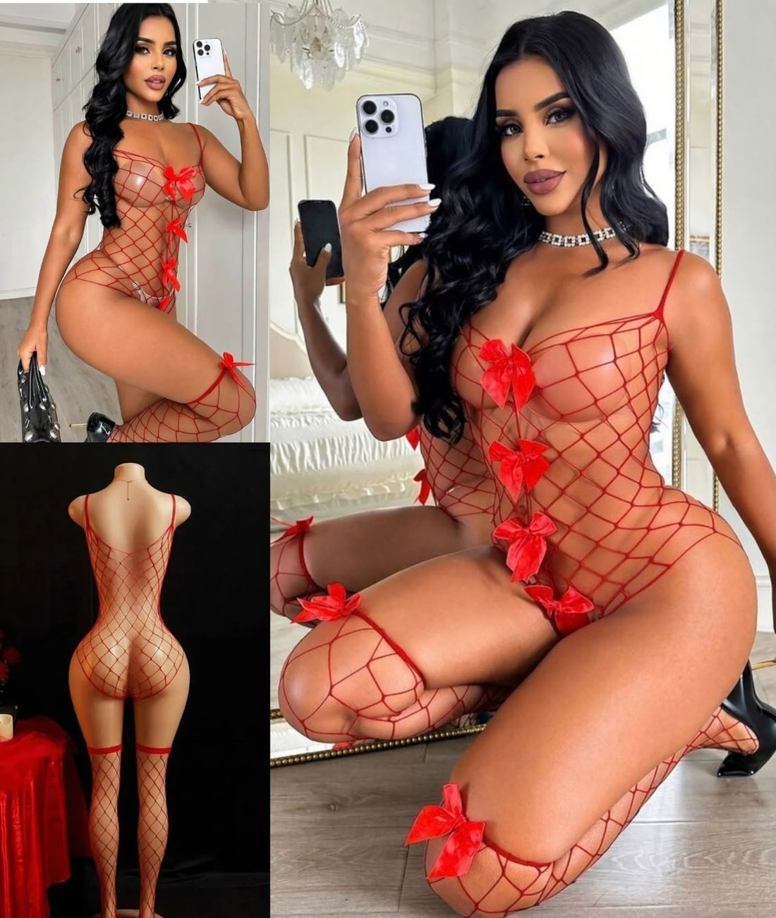 Media de cuerpo roja de red con moños