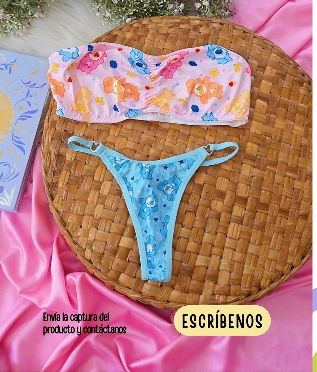 Bikini floral con hilo celeste
