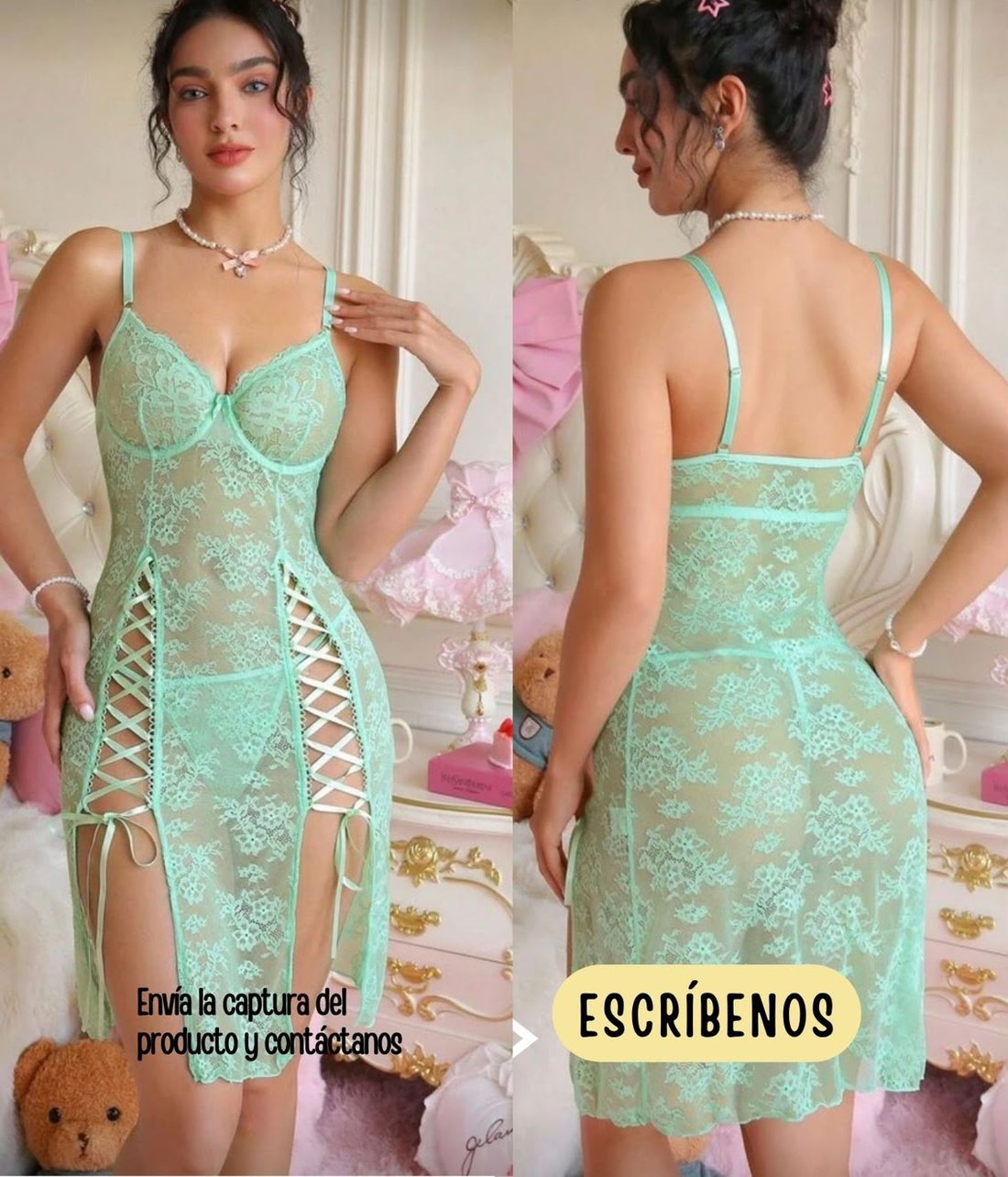 Vestido menta de encaje con panty hilo