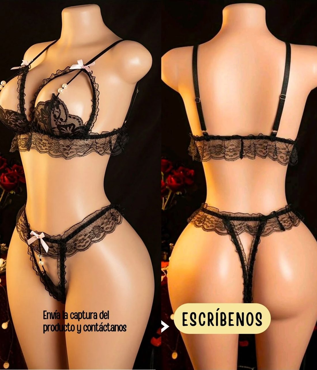 Set negro de encaje con abertura