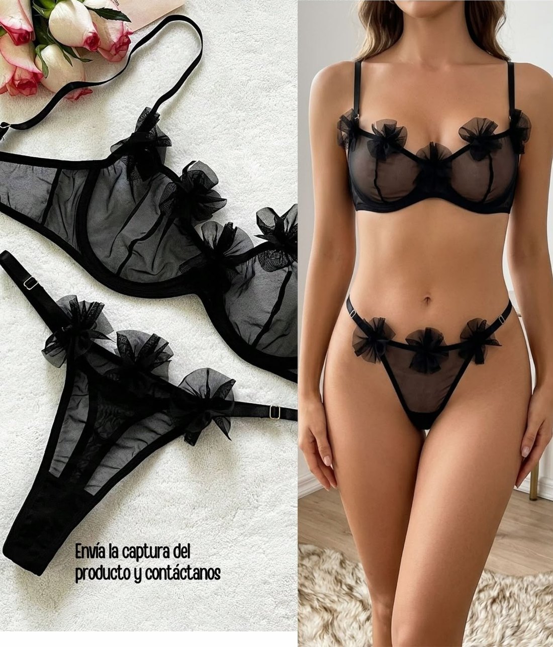 Set negro con flores de tul