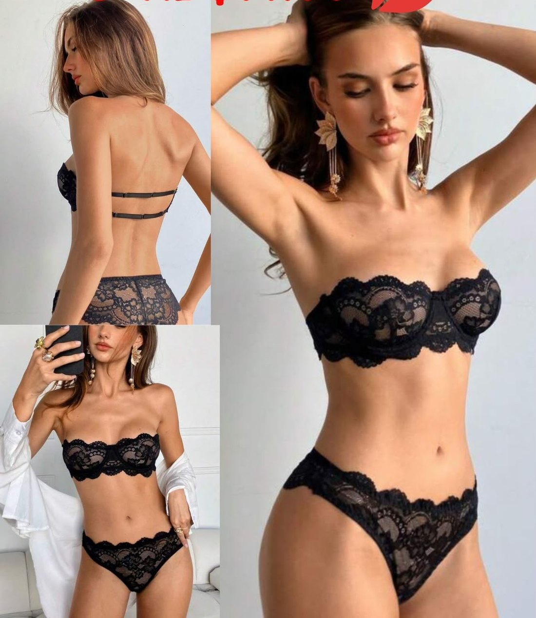 Lencería de encaje negro strapless